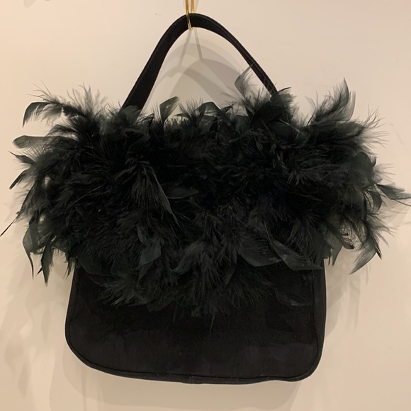 J Renee Black Genuine Ostrich Feather Fun Fringe Plume Purse Bag Black Gold HW - Picture 7 of 7
